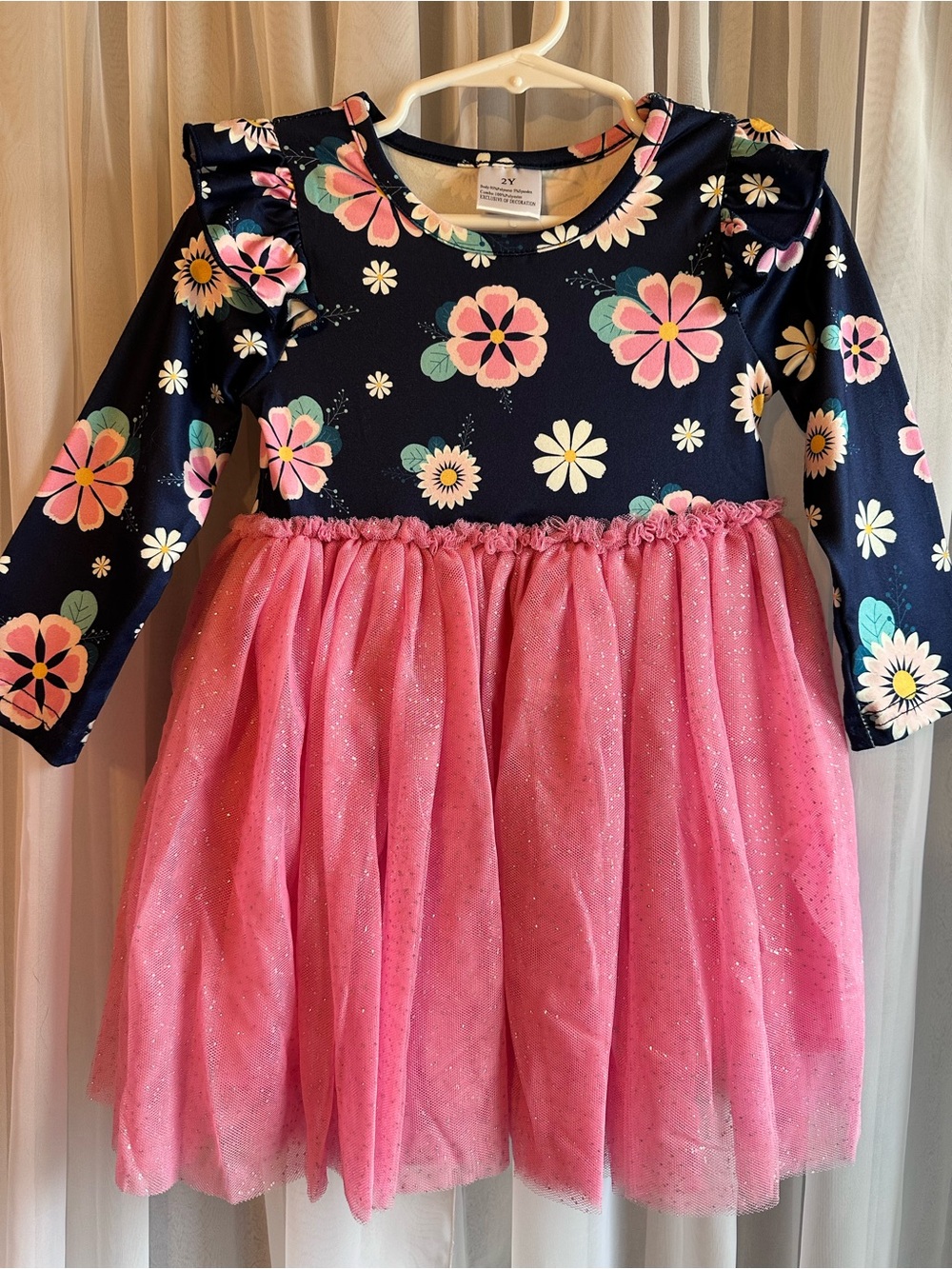 Navy Floral Milk-silk & Pink Sparkle Tulle Long Sleeve Dress